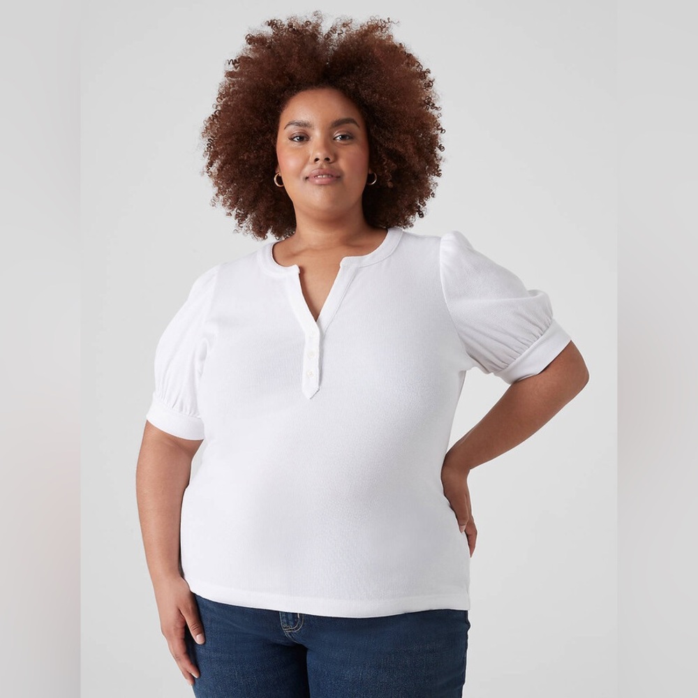 Elbow Puff-Sleeve Henley Rib Tee Lane Bryant White